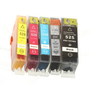 Conjunto 5 Tinteiros Canon Compatíveis PGI-525BK/CLI-526BK/CLI-526C/CLI-526M/CLI-526Y